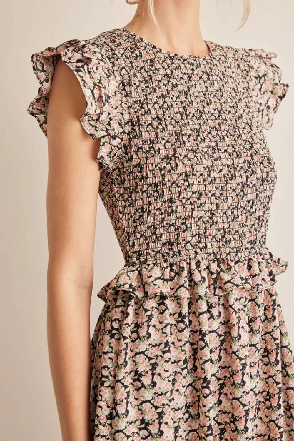 Black Peach Floral Print Smocked Ruffled Midi Dress