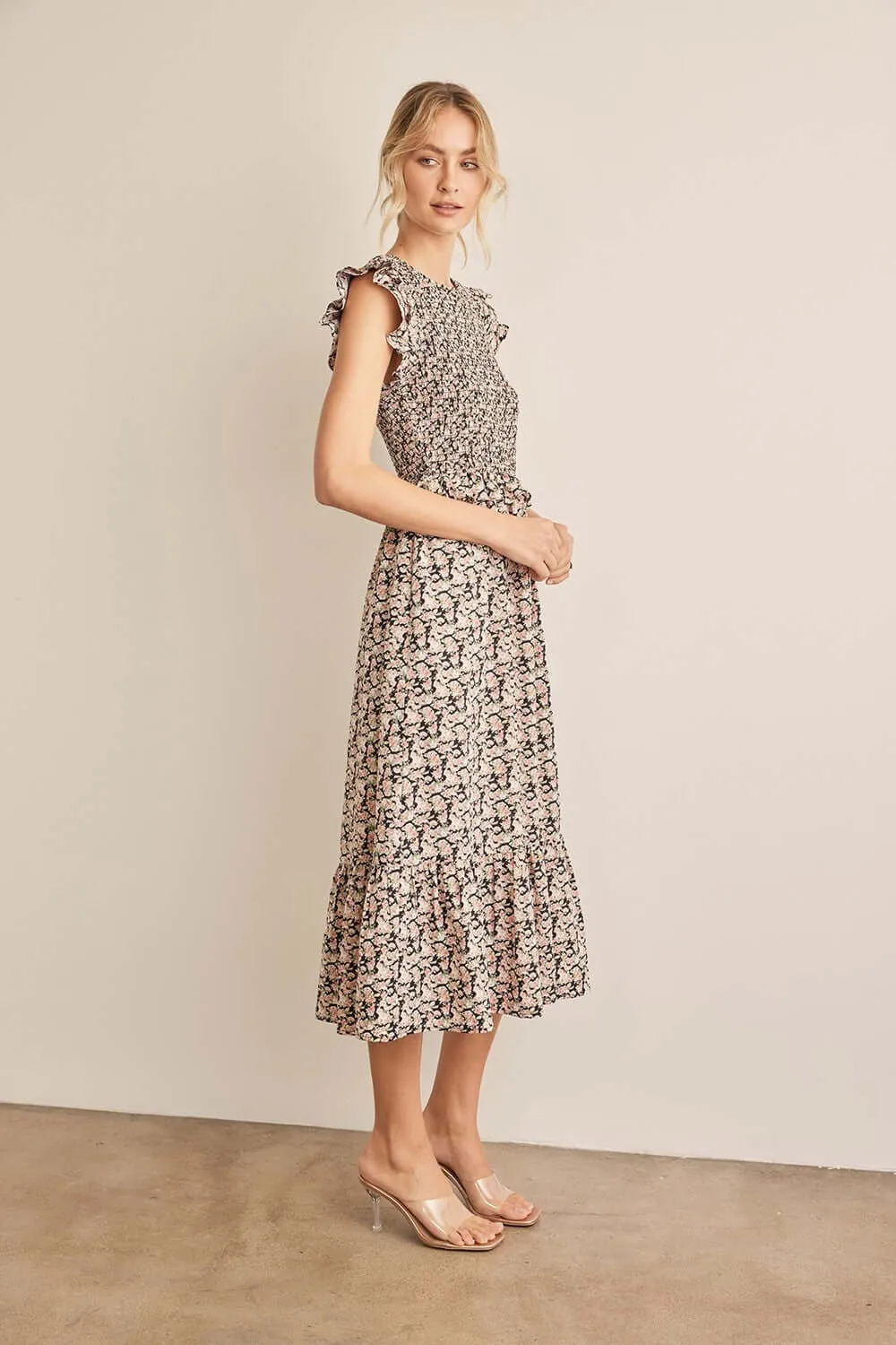 Black Peach Floral Print Smocked Ruffled Midi Dress