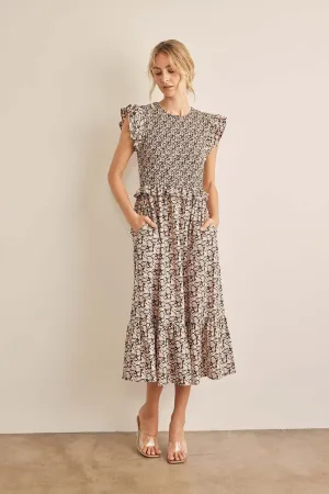 Black Peach Floral Print Smocked Ruffled Midi Dress