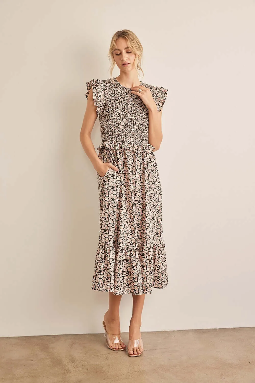 Black Peach Floral Print Smocked Ruffled Midi Dress