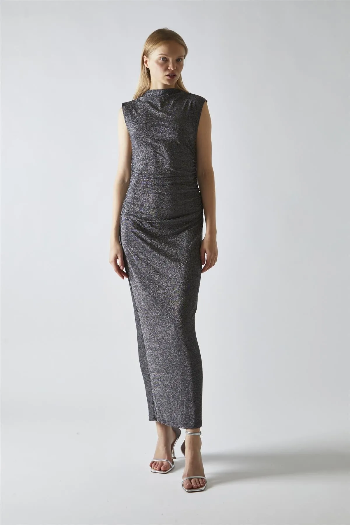 Black-Silver Glitter Ruched Midaxi-Dress
