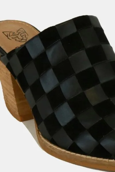 Black Woven Checkerboard Block Heel Bohemian Mule Shoes