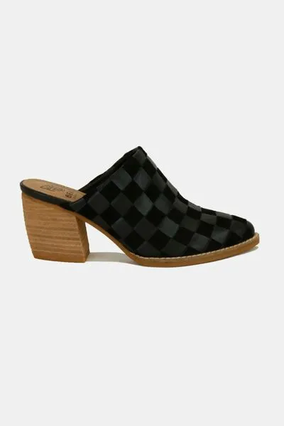 Black Woven Checkerboard Block Heel Bohemian Mule Shoes