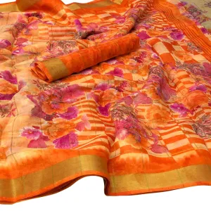 Blissful Orange Colored Casual Floral Printed Cotton Saree