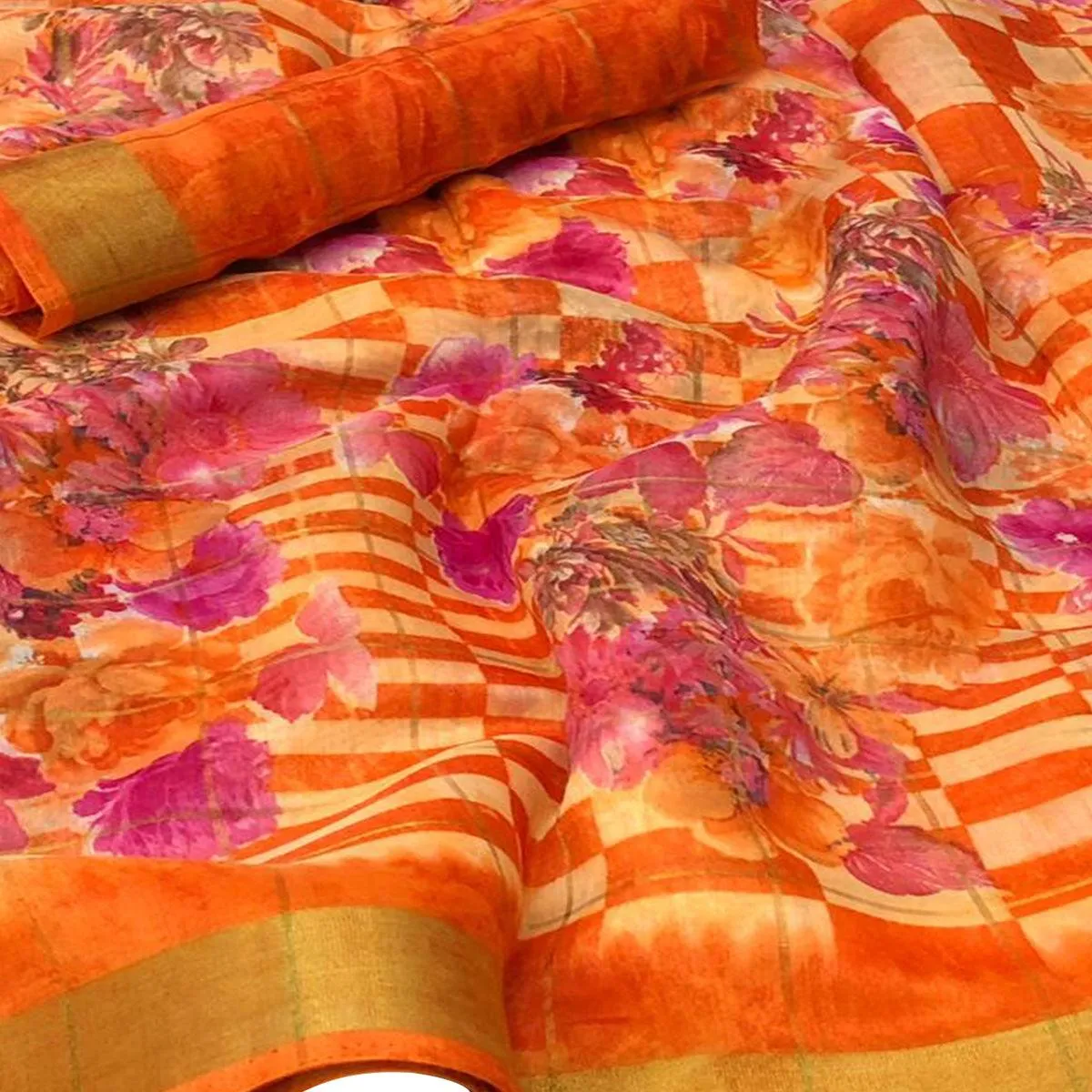 Blissful Orange Colored Casual Floral Printed Cotton Saree