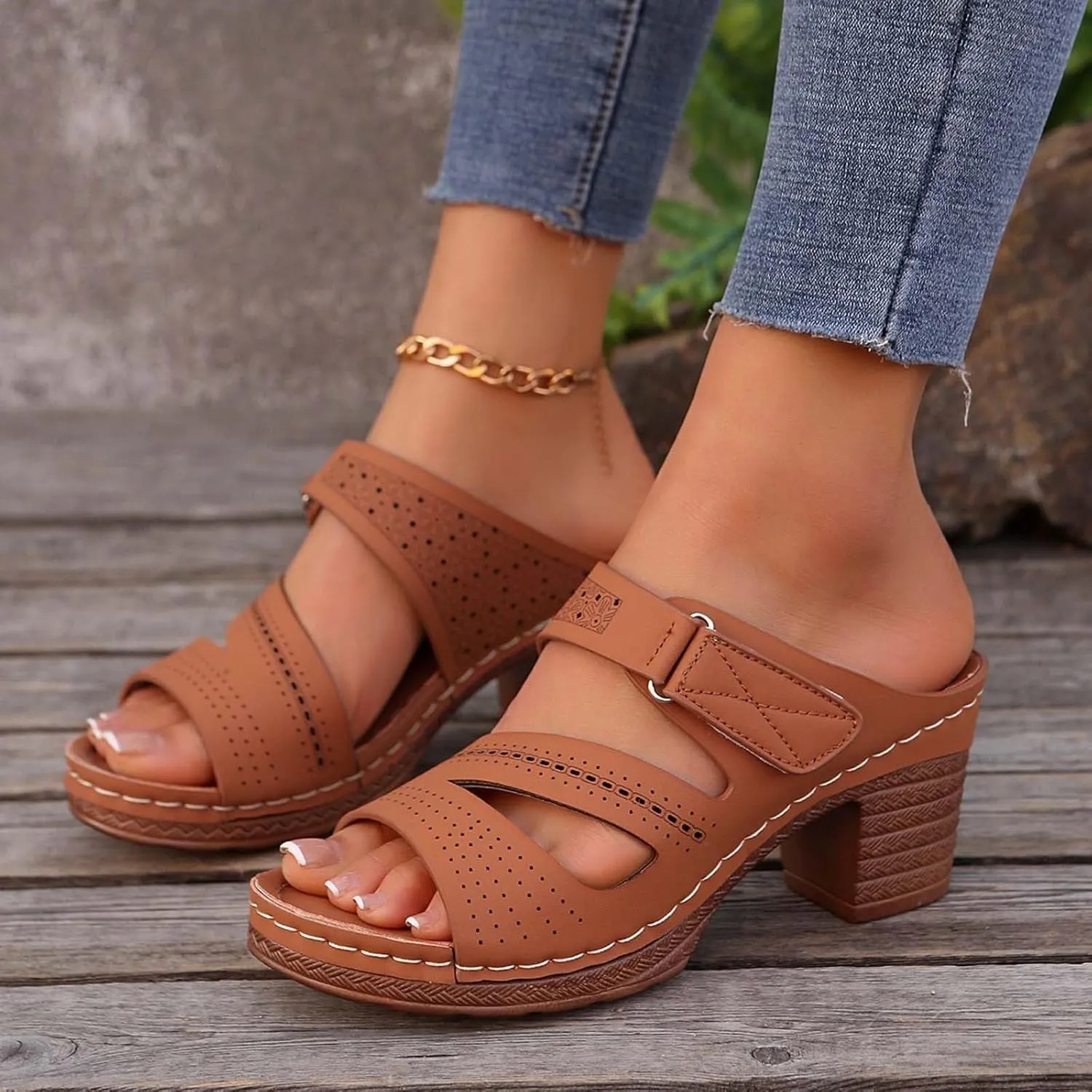 Block Chunky Platform High Heels Open Toe Square Heels Comfortable Beach Shoes Sandals Slippers