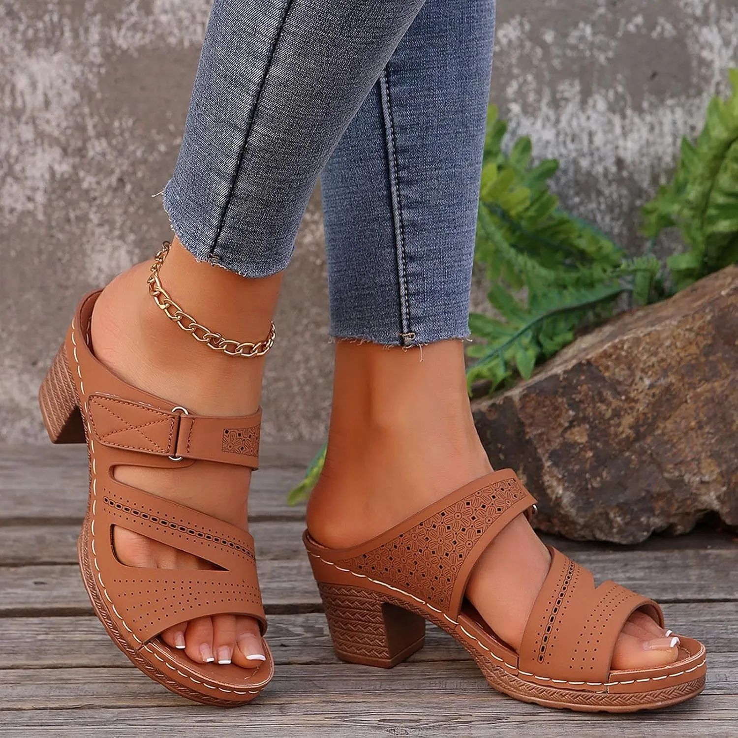 Block Chunky Platform High Heels Open Toe Square Heels Comfortable Beach Shoes Sandals Slippers
