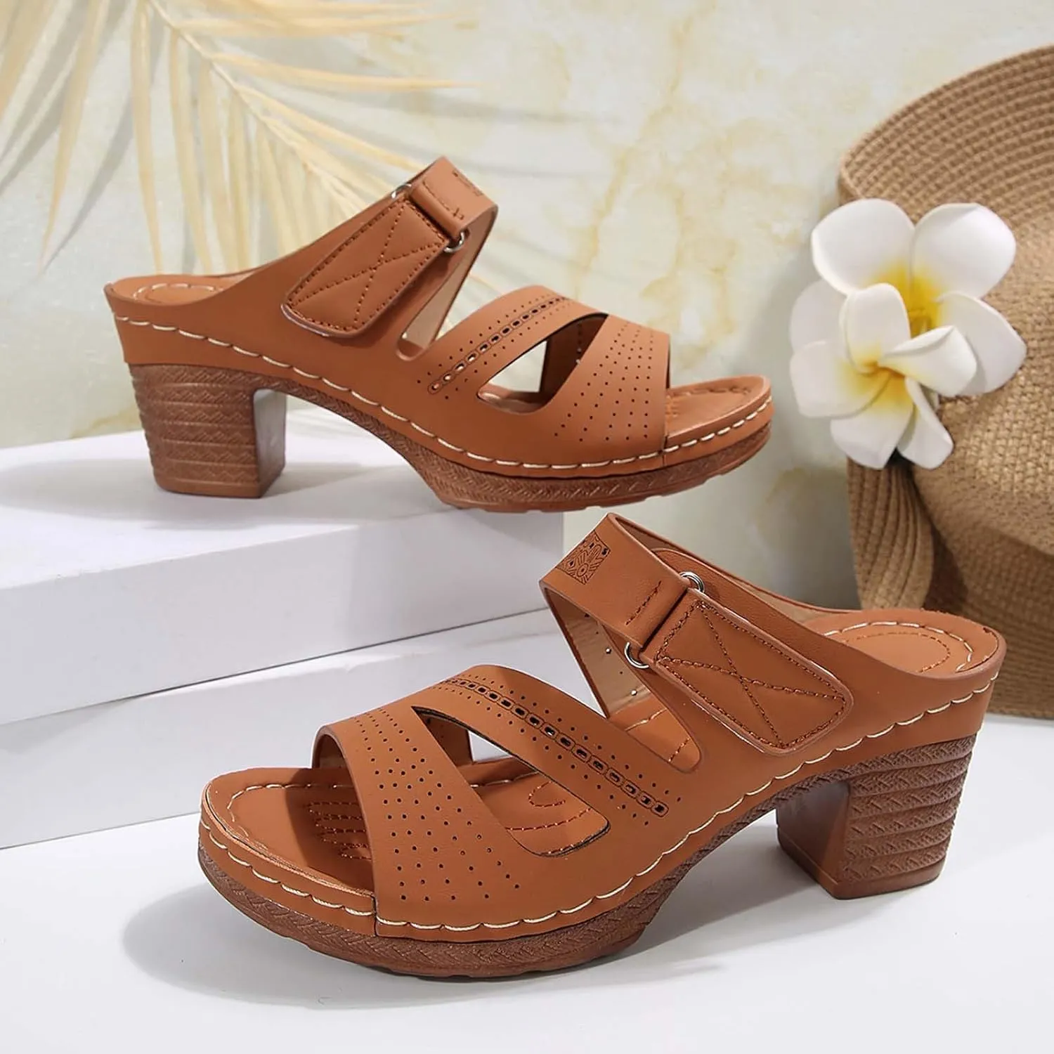 Block Chunky Platform High Heels Open Toe Square Heels Comfortable Beach Shoes Sandals Slippers