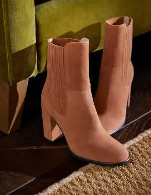 Block Heel Ankle Boots-Tan Suede