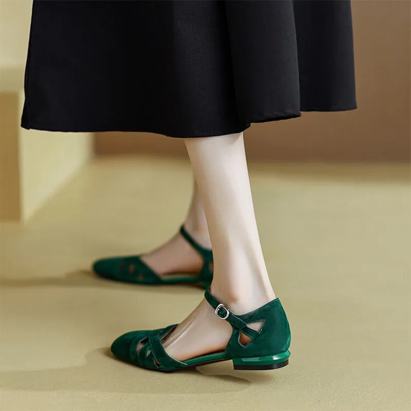 Block Heel Leather Gladiator Sandals in Green/Apricot