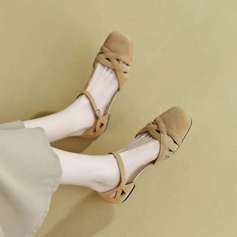 Block Heel Leather Gladiator Sandals in Green/Apricot