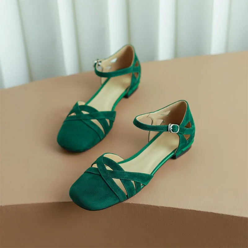 Block Heel Leather Gladiator Sandals in Green/Apricot