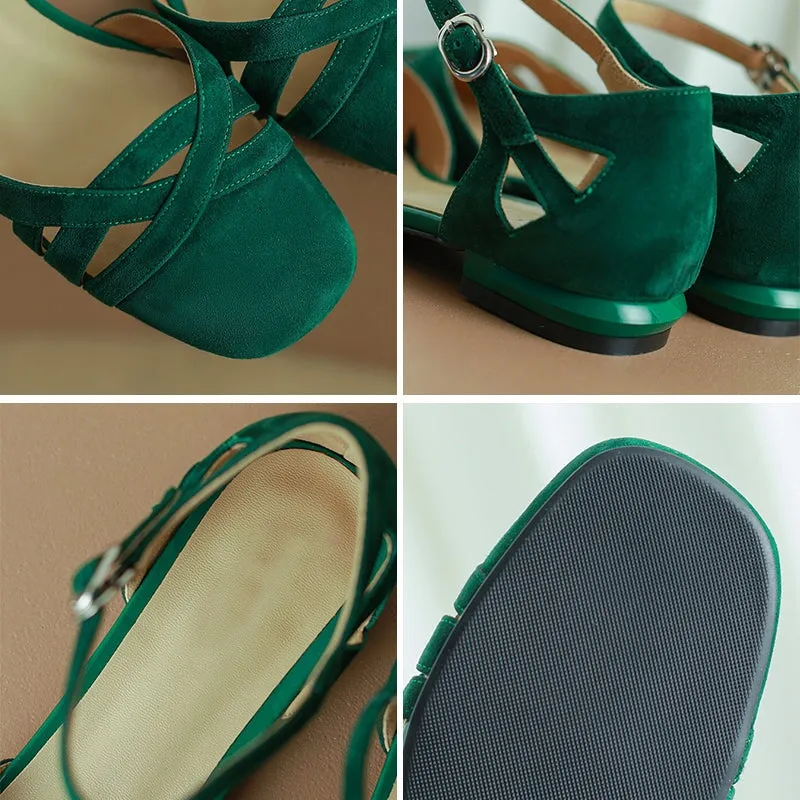 Block Heel Leather Gladiator Sandals in Green/Apricot