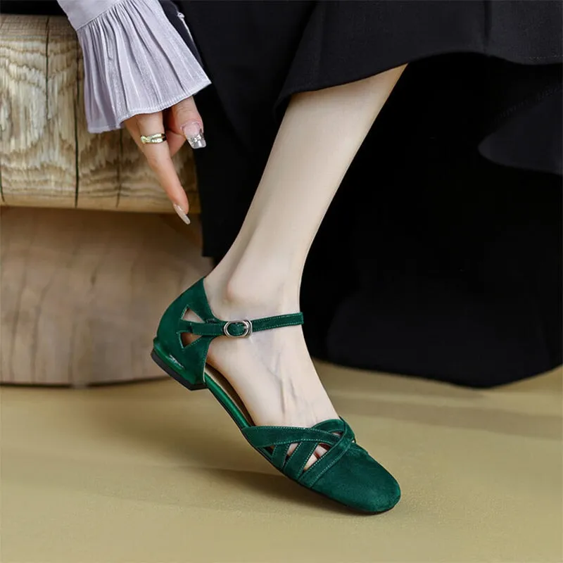 Block Heel Leather Gladiator Sandals in Green/Apricot