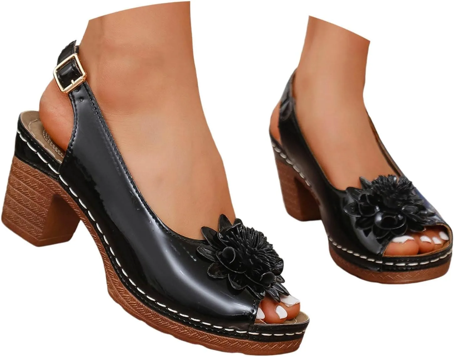 Block Heel Sandals for Women 2025 Comfortable Dressy Slingback Peep Toe Adjustable Strappy Sandals Flower Wedge Heels Summer Walking Shoes