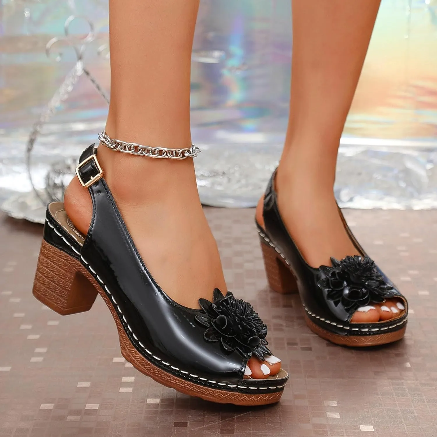 Block Heel Sandals for Women 2025 Comfortable Dressy Slingback Peep Toe Adjustable Strappy Sandals Flower Wedge Heels Summer Walking Shoes