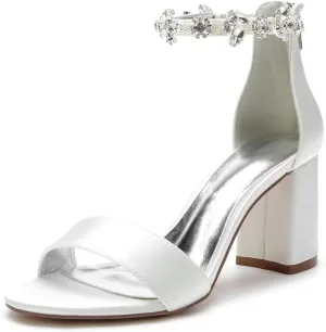 Block Heel Wedding Sandals Open Toe Rhinestones Heeled Sandal Shoes Women Bridal Heels