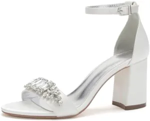 Block Heel Wedding Shoes for Bride Open Toe Rhinestones Bridal Heels Women Formal Round Toe Pumps