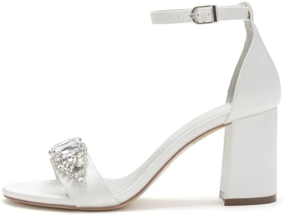 Block Heel Wedding Shoes for Bride Open Toe Rhinestones Bridal Heels Women Formal Round Toe Pumps