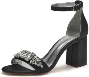 Block Heel Wedding Shoes for Bride Open Toe Rhinestones Bridal Heels Women Formal Round Toe Pumps