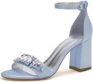 Block Heel Wedding Shoes for Bride Open Toe Rhinestones Bridal Heels Women Formal Round Toe Pumps