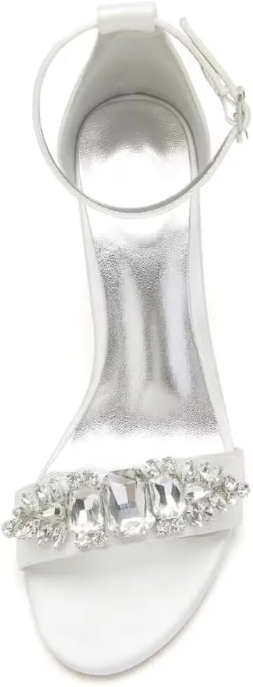 Block Heel Wedding Shoes for Bride Open Toe Rhinestones Bridal Heels Women Formal Round Toe Pumps
