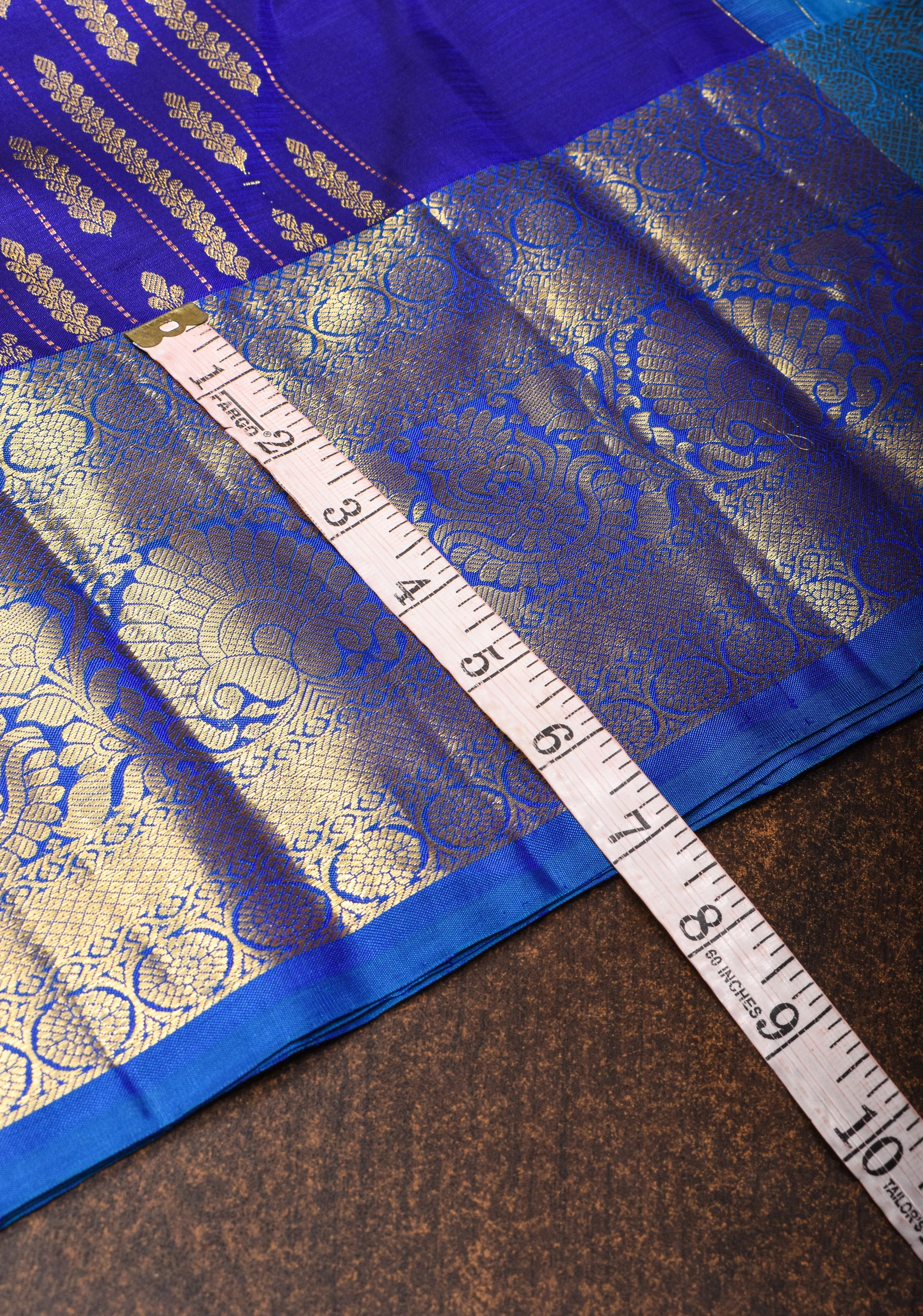 Blue Kanjivaram Silk Saree with geometric pattern and contrast zari border | SILK MARK CERTIFIED
