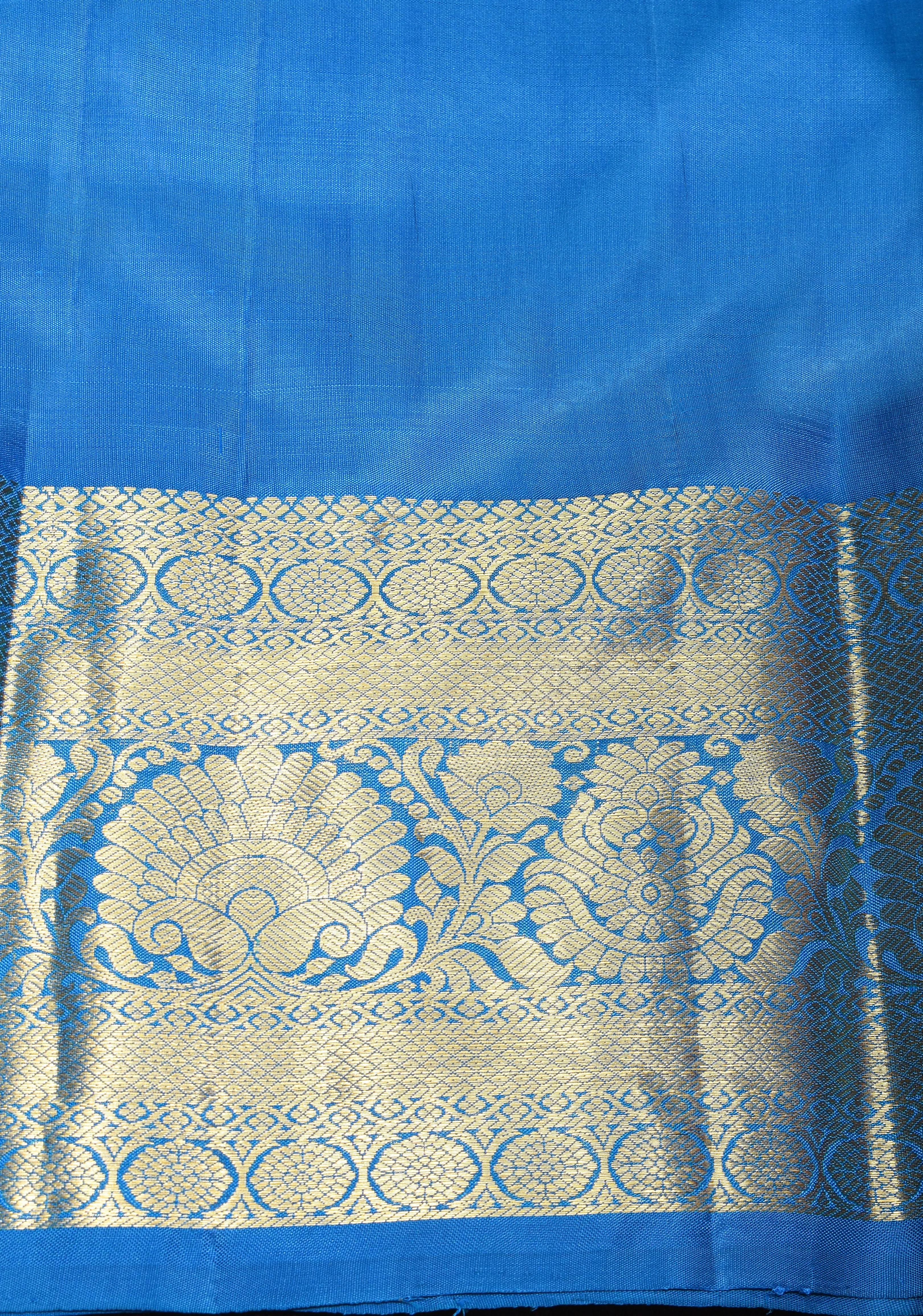 Blue Kanjivaram Silk Saree with geometric pattern and contrast zari border | SILK MARK CERTIFIED