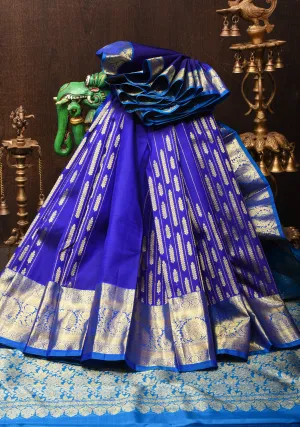 Blue Kanjivaram Silk Saree with geometric pattern and contrast zari border | SILK MARK CERTIFIED