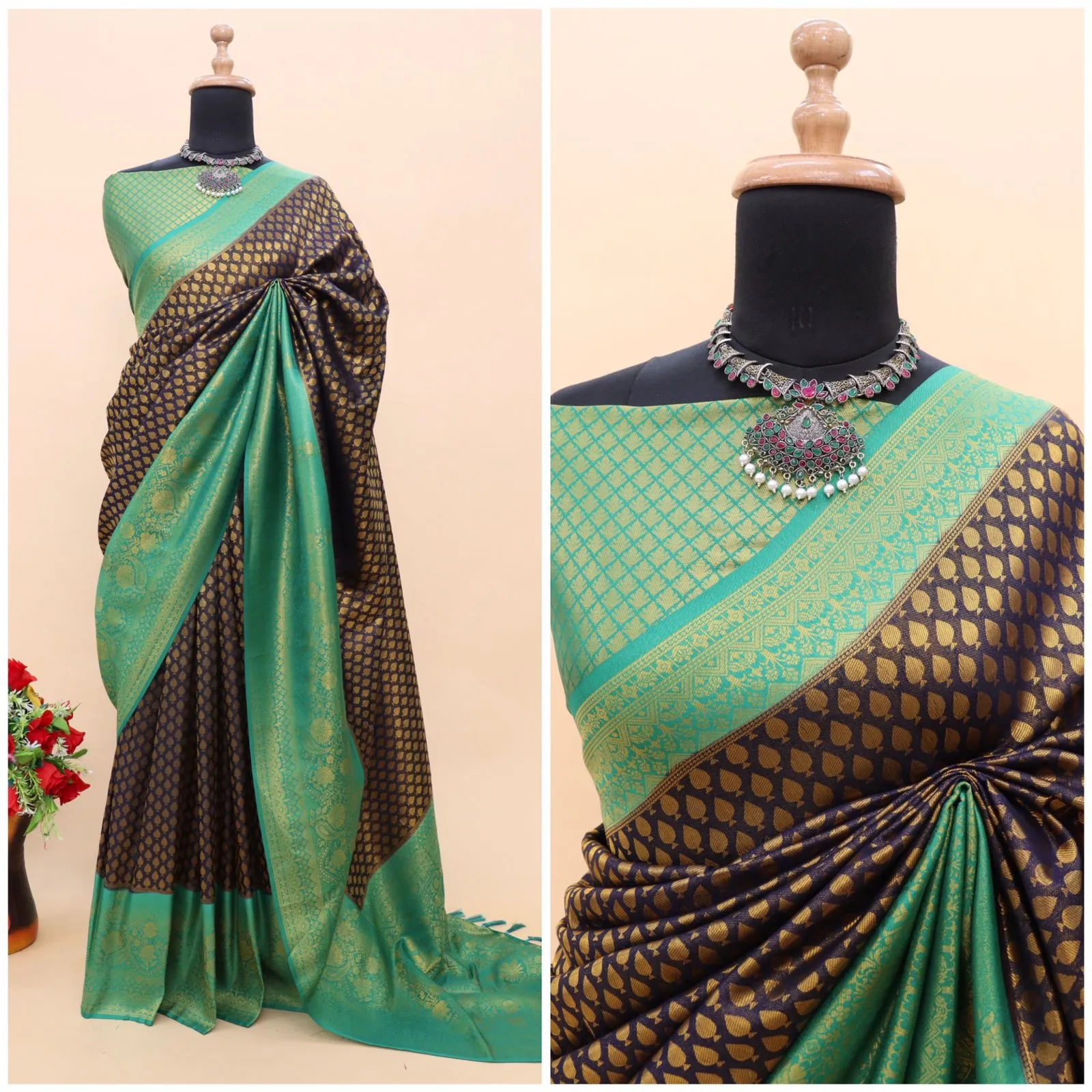 Blue Kuber Soft Silk Saree with Exquisite Golden Jari Work & Matching Blouse