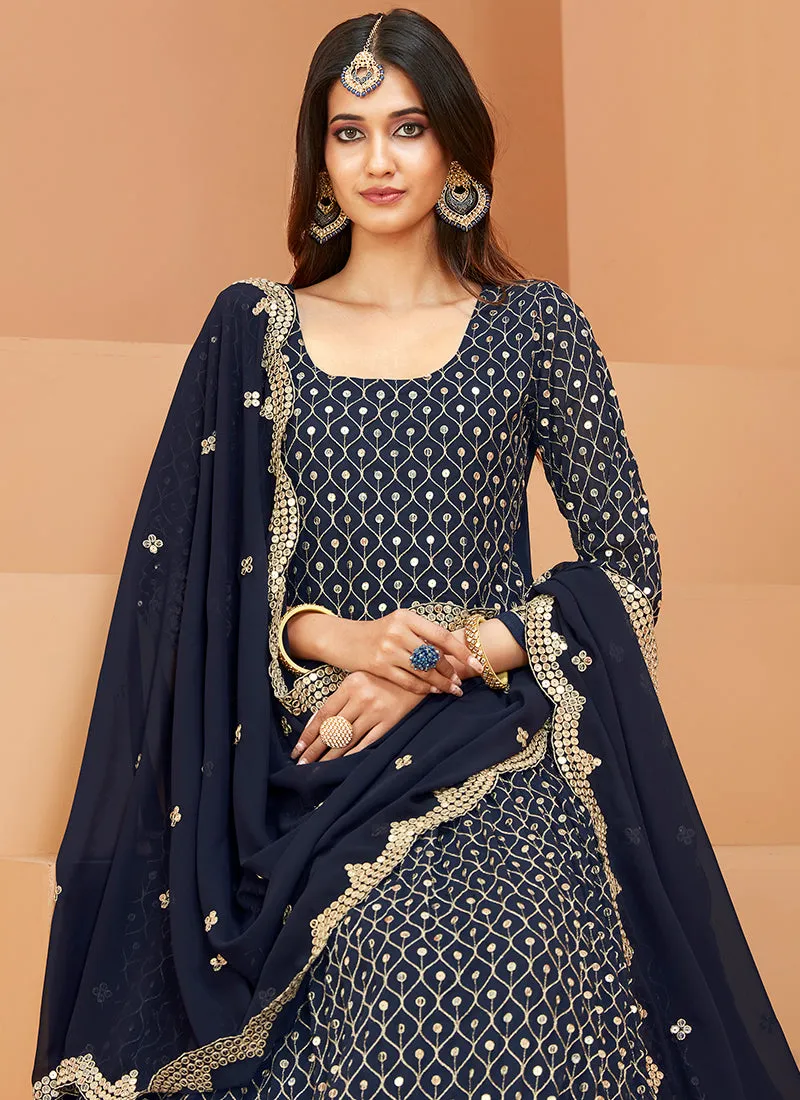 Blue Mirror Work Embroidery Wedding Anarkali Suit