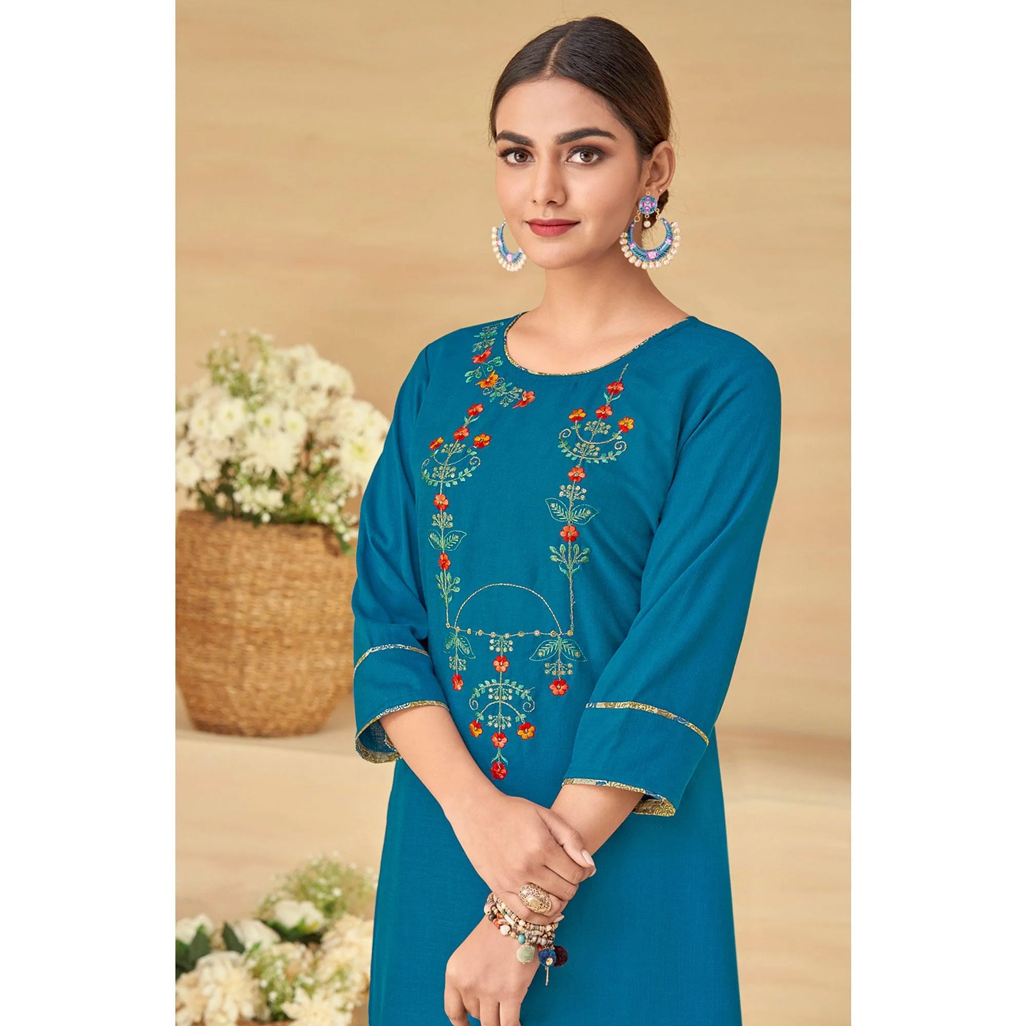 Blue Partywear Floral Embroidered Rayon Kurti Palazzo Set
