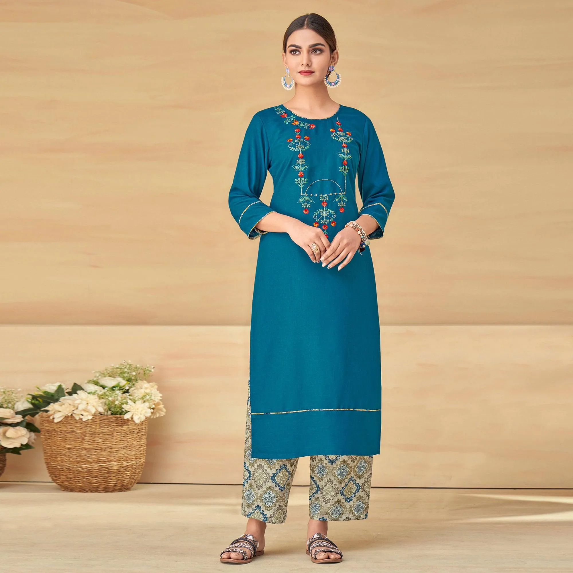 Blue Partywear Floral Embroidered Rayon Kurti Palazzo Set