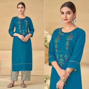 Blue Partywear Floral Embroidered Rayon Kurti Palazzo Set