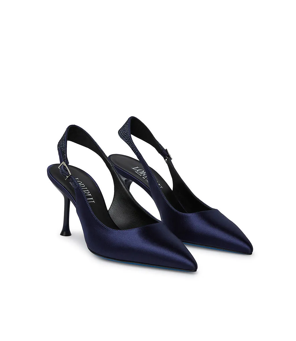Blue satin jewel slingback
