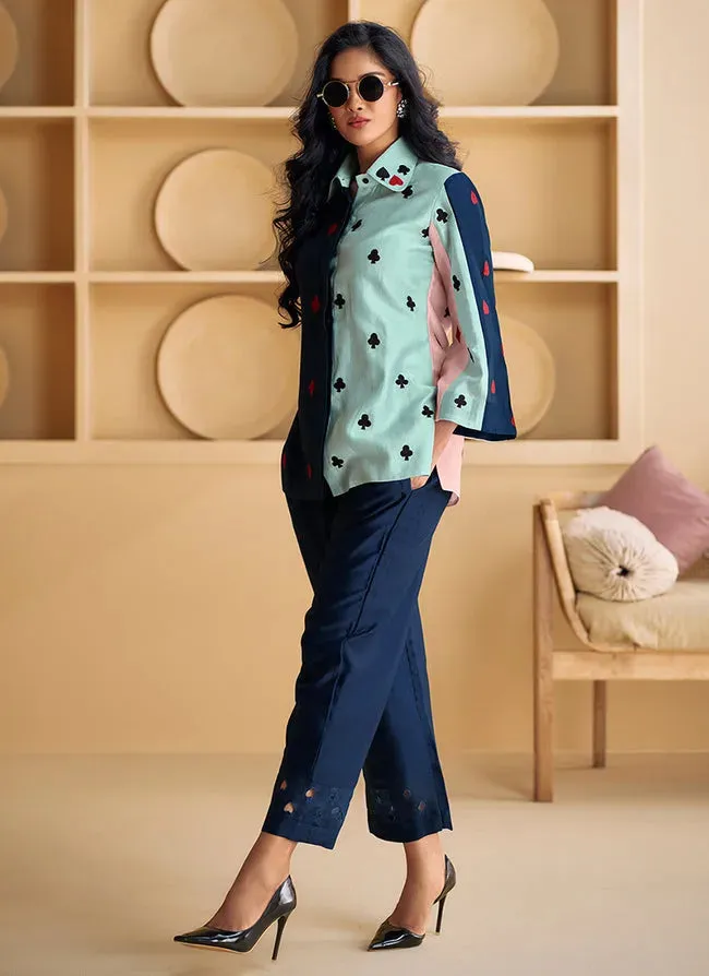 Blue Two Tone Pure Silk Fancy Embroidered Co-Ord Set
