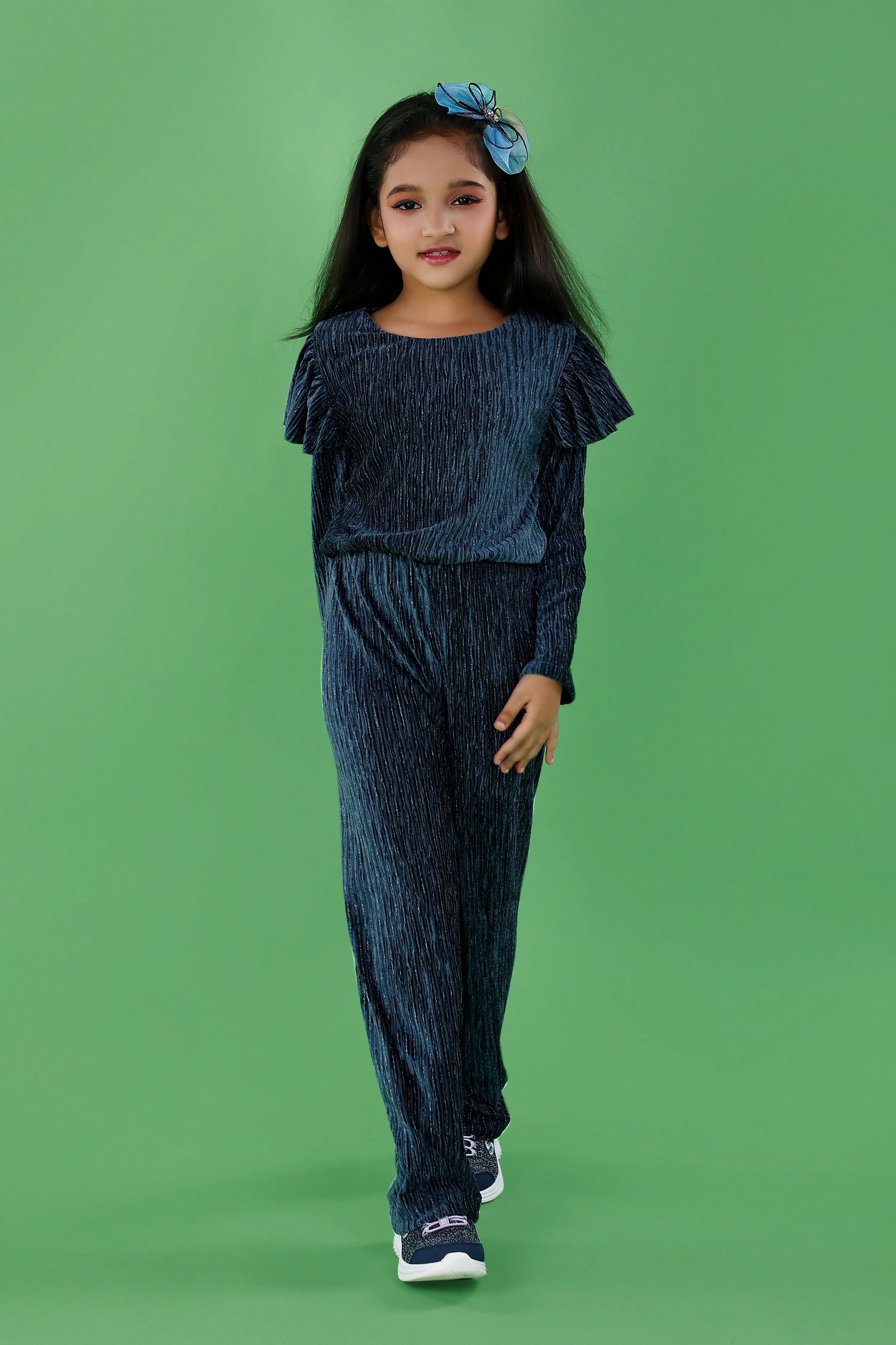 Blue Velvet Look Jumpsuit with Stripe