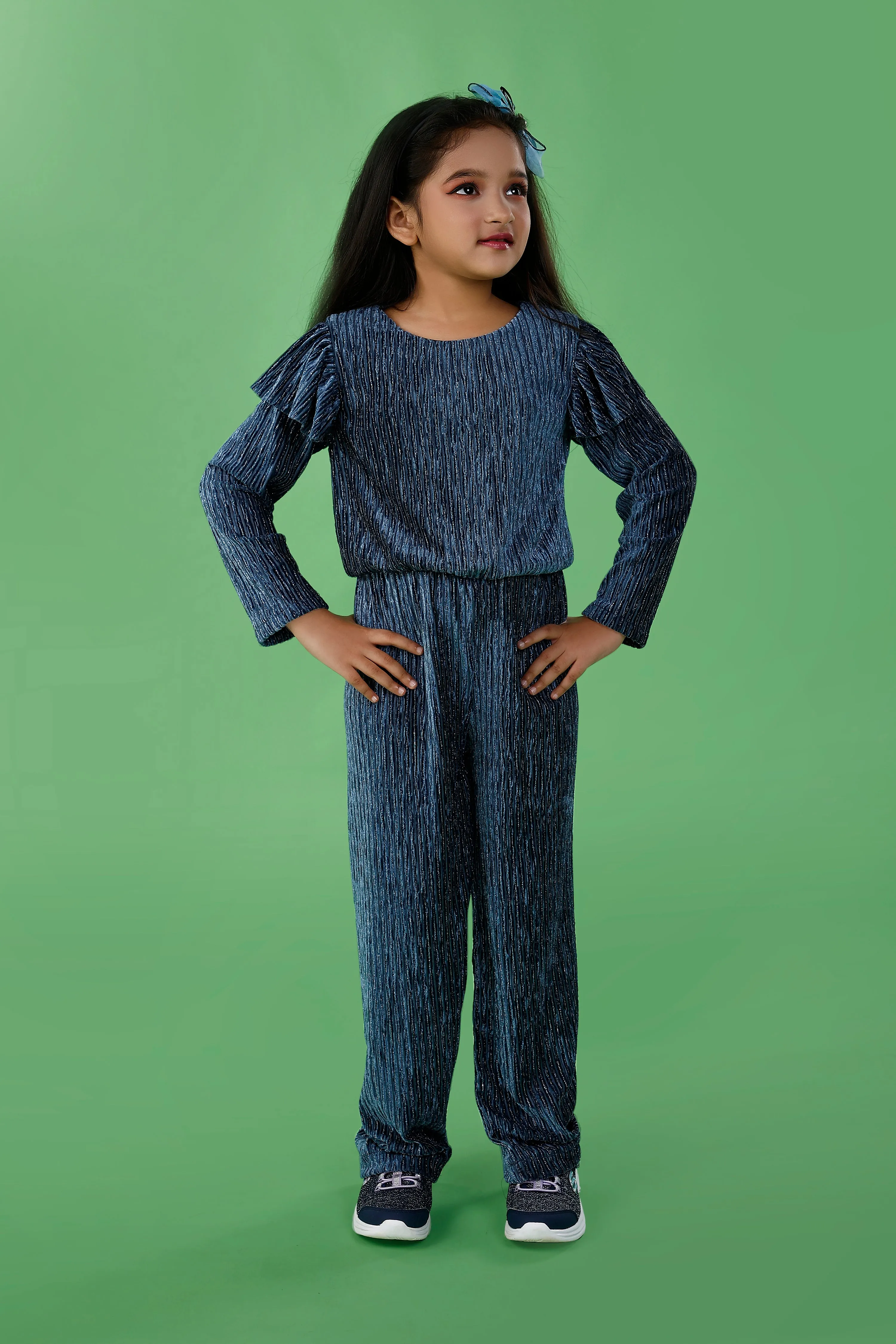 Blue Velvet Look Jumpsuit with Stripe