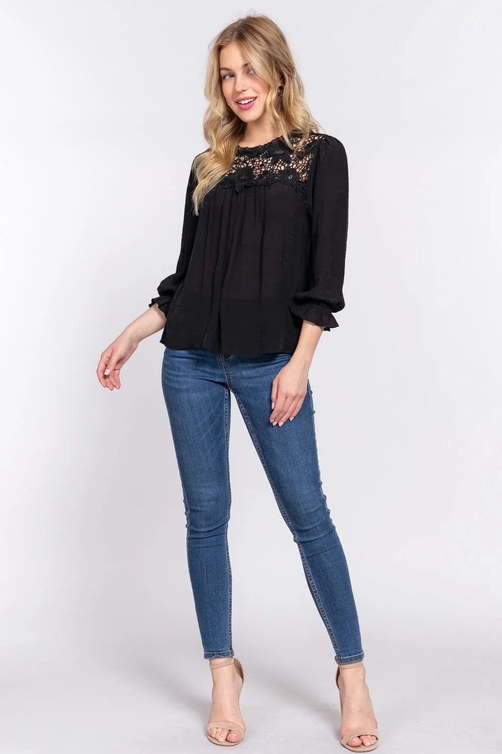Blue Zone Planet |  ACTIVE BASIC Crochet Lace Panel Flounce Sleeve Blouse