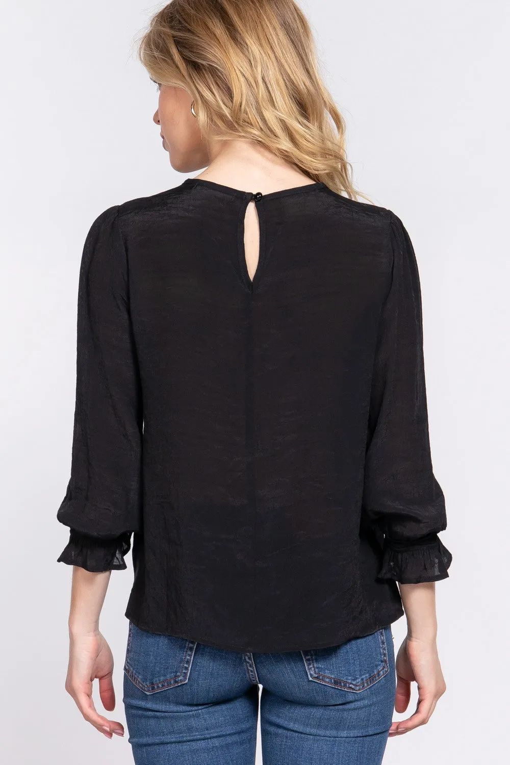 Blue Zone Planet |  ACTIVE BASIC Crochet Lace Panel Flounce Sleeve Blouse
