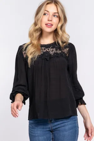 Blue Zone Planet |  ACTIVE BASIC Crochet Lace Panel Flounce Sleeve Blouse
