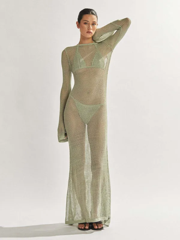 Blue Zone Planet |  Andrea's knitted long-sleeved backless see-through floor-length beach cover-up dress