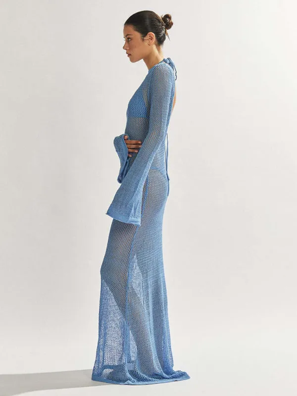 Blue Zone Planet |  Andrea's knitted long-sleeved backless see-through floor-length beach cover-up dress