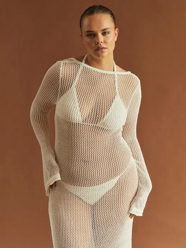 Blue Zone Planet |  Andrea's knitted long-sleeved backless see-through floor-length beach cover-up dress