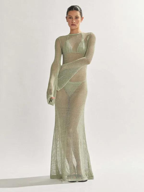 Blue Zone Planet |  Andrea's knitted long-sleeved backless see-through floor-length beach cover-up dress