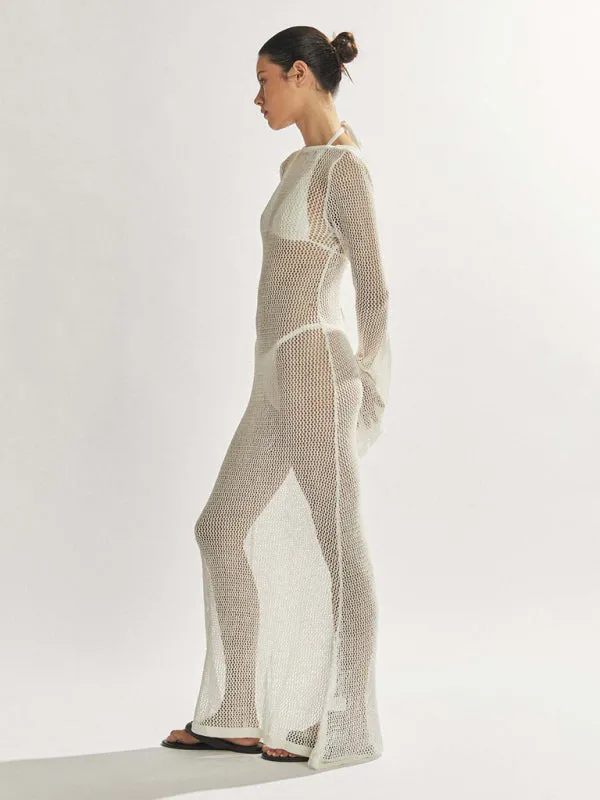 Blue Zone Planet |  Andrea's knitted long-sleeved backless see-through floor-length beach cover-up dress