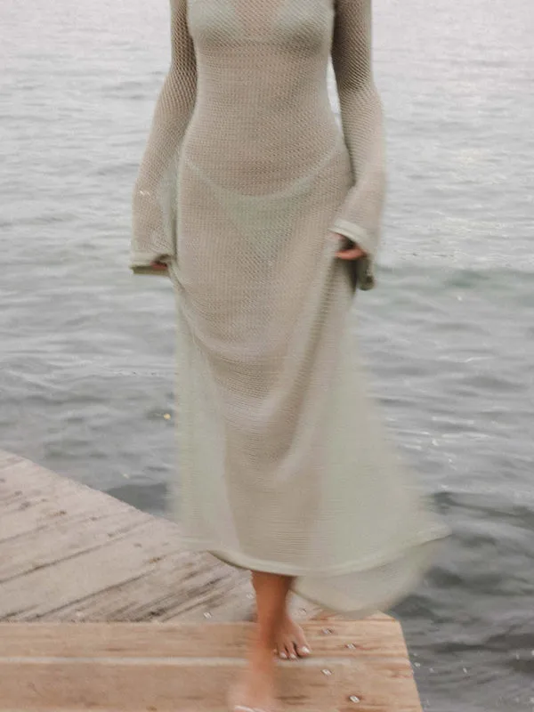 Blue Zone Planet |  Andrea's knitted long-sleeved backless see-through floor-length beach cover-up dress