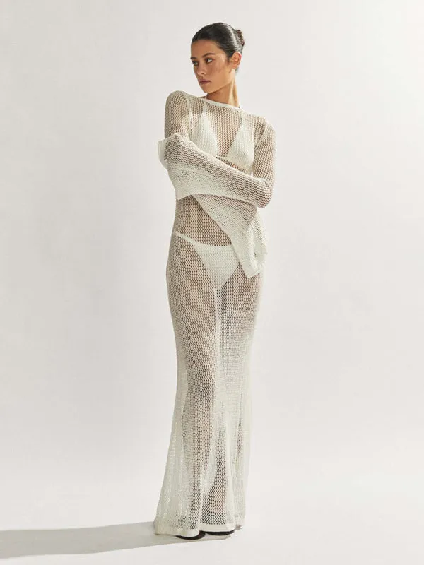 Blue Zone Planet |  Andrea's knitted long-sleeved backless see-through floor-length beach cover-up dress