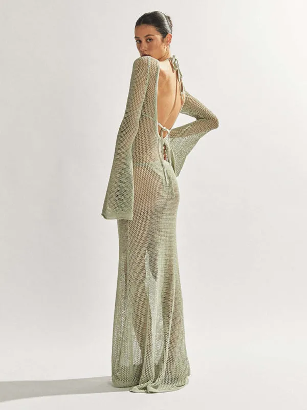 Blue Zone Planet |  Andrea's knitted long-sleeved backless see-through floor-length beach cover-up dress