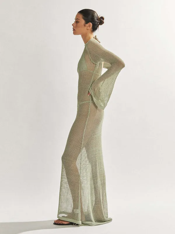 Blue Zone Planet |  Andrea's knitted long-sleeved backless see-through floor-length beach cover-up dress